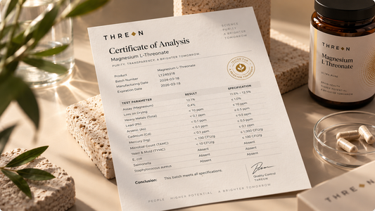 THREON Magnesium L-Threonate Certificate of Analysis on a warm neutral background