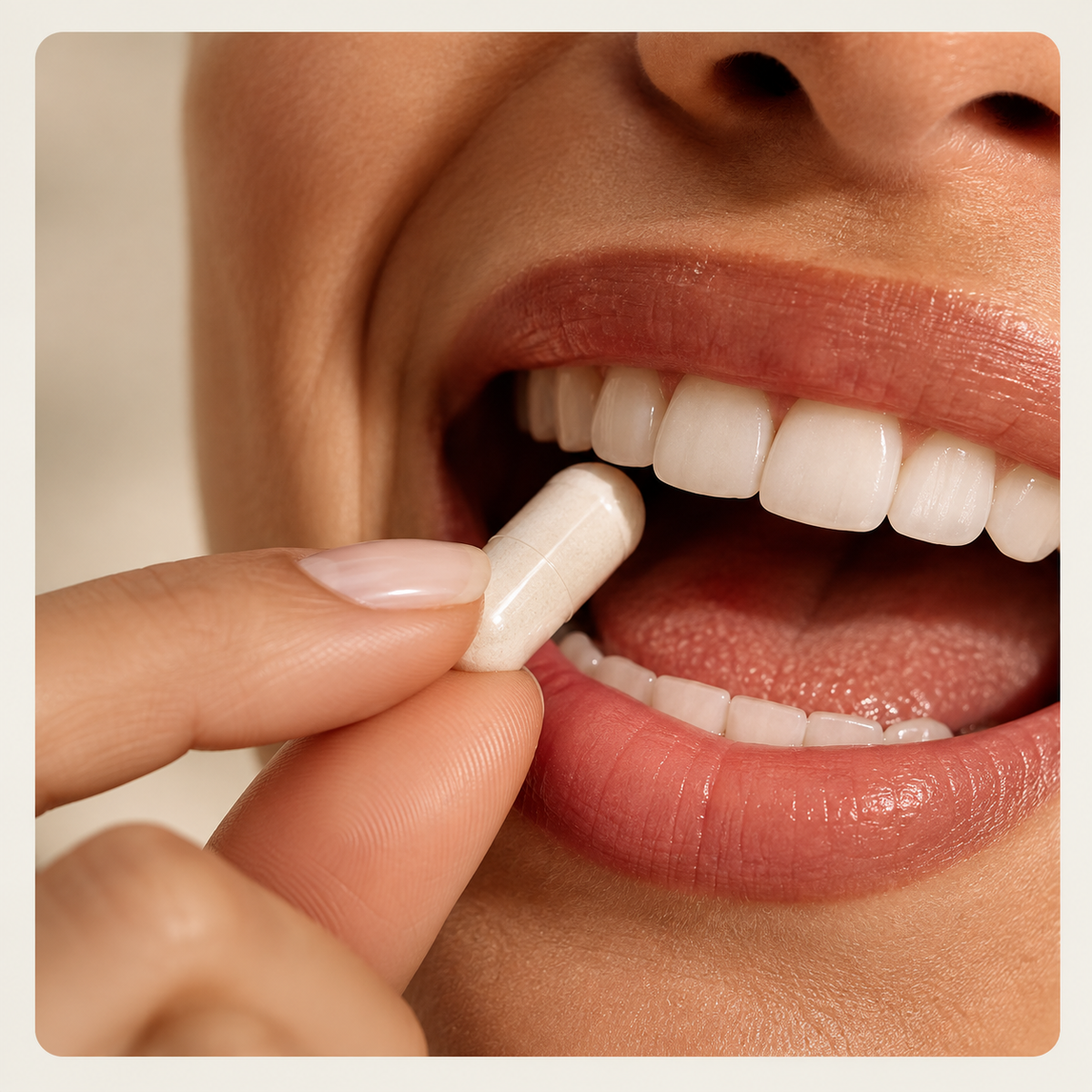 A close-up of a person's mouth with lips parted and teeth visible, holding a small white capsule pill between two fingers about to place it inside the mouth.