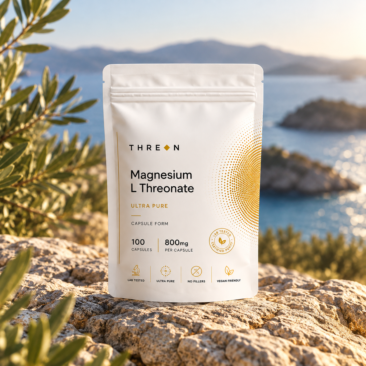 A stand-up pouch of Threon Nutrition Magnesium L Threonate capsules placed on a rocky beach with the sea and mountains blurred in the background.