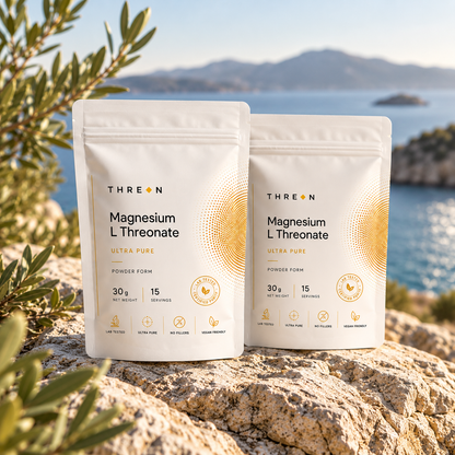 Two stand-up pouches of THREON Magnesium L Threonate powder are placed on a rocky beach with sea and mountains in the background. The pouches are white with gold and black text and graphics.
