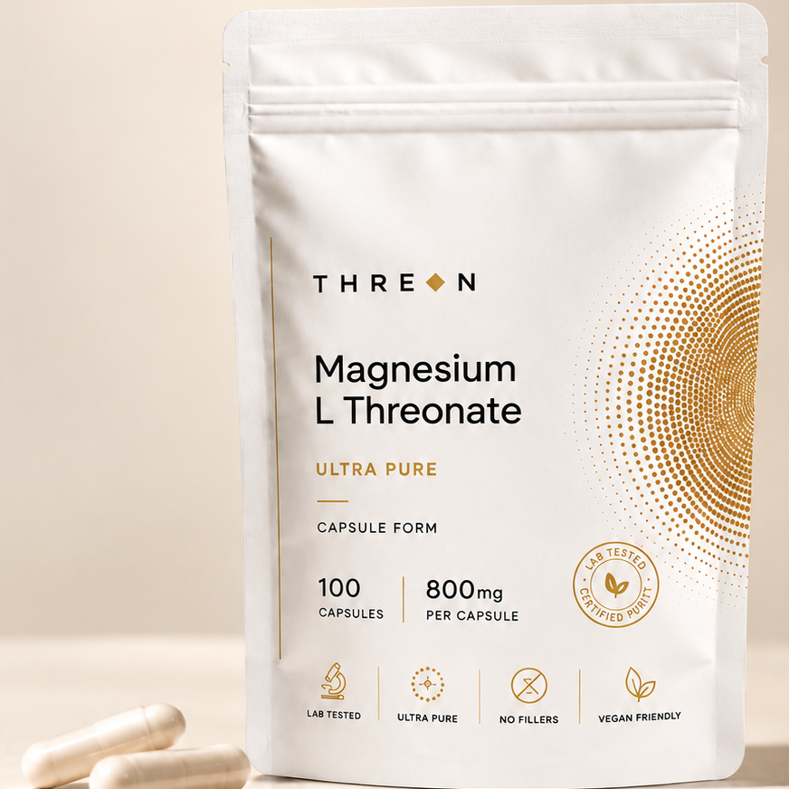A white stand-up pouch of Threonon Magnesium L Threonate capsules with gold accents, shown on a warm beige background with two capsules in front.